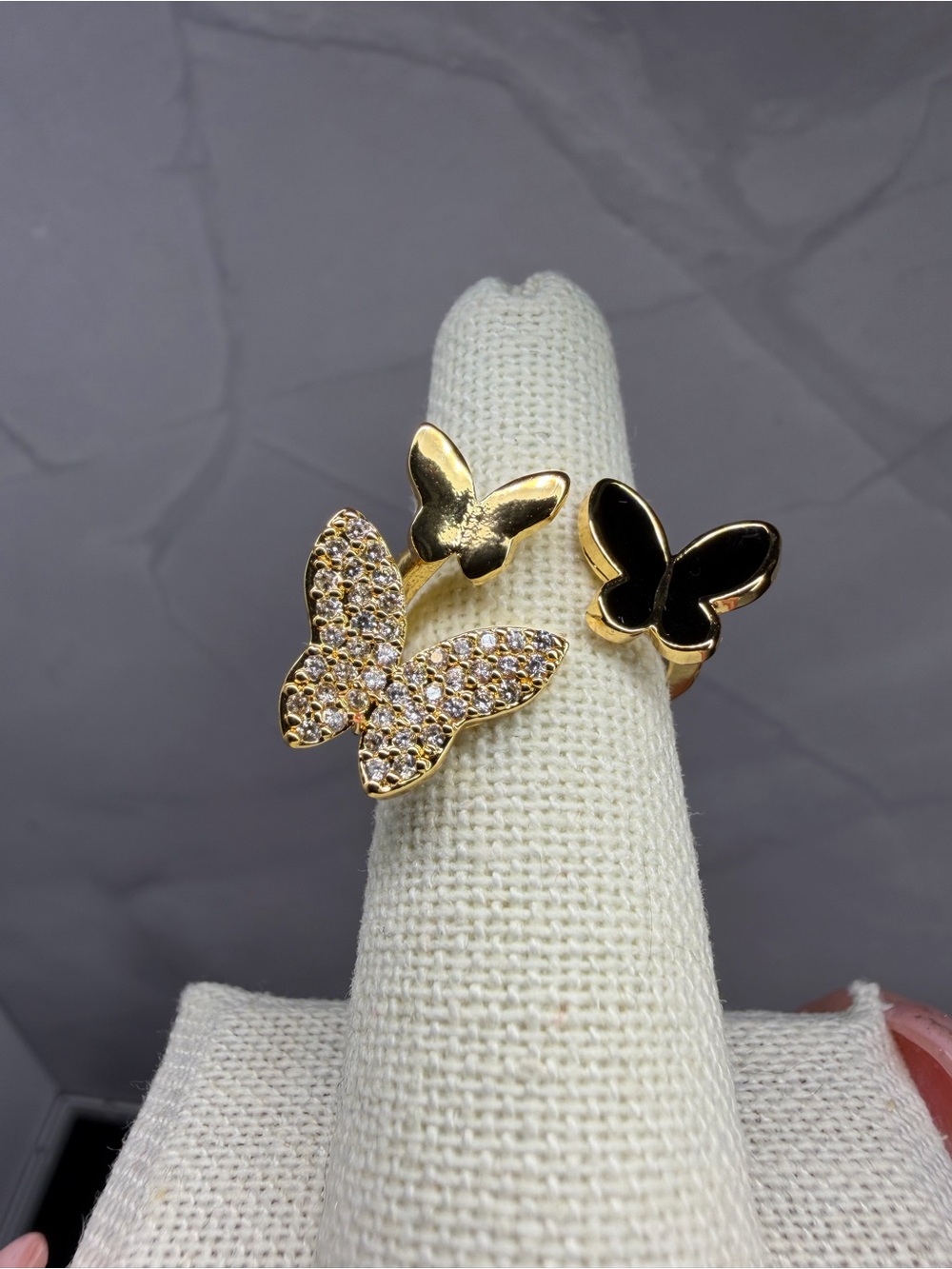 Gold & Black Ring Butterfly Trio - Black & Clear Pavé CZ Crystal Accent